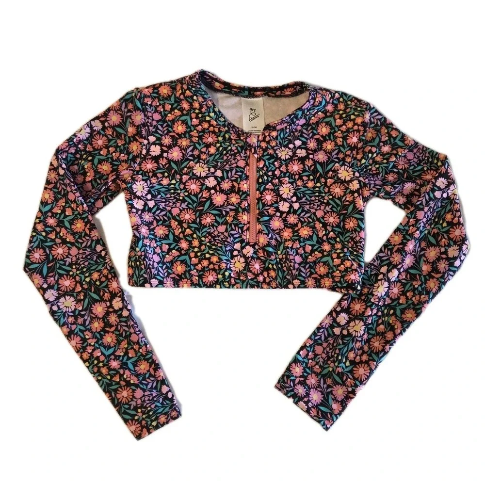 Girl's XL 14 Swim Top Rashguard Crop Floral Ditsy Zipper Long Sleeve Black Pink